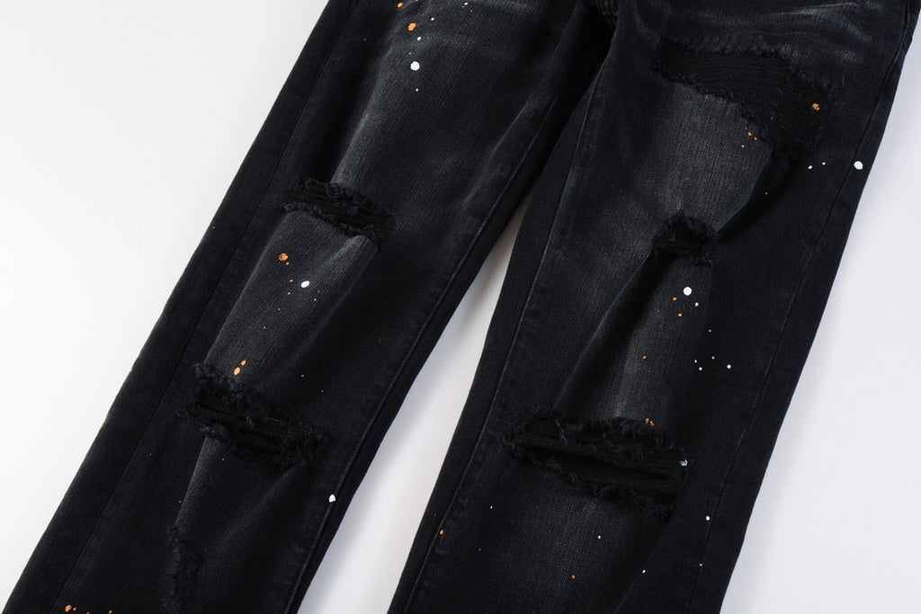 Men's Streetwear Slim Fit Distressed Black Damaged Holes Stretch Ripped Jeans