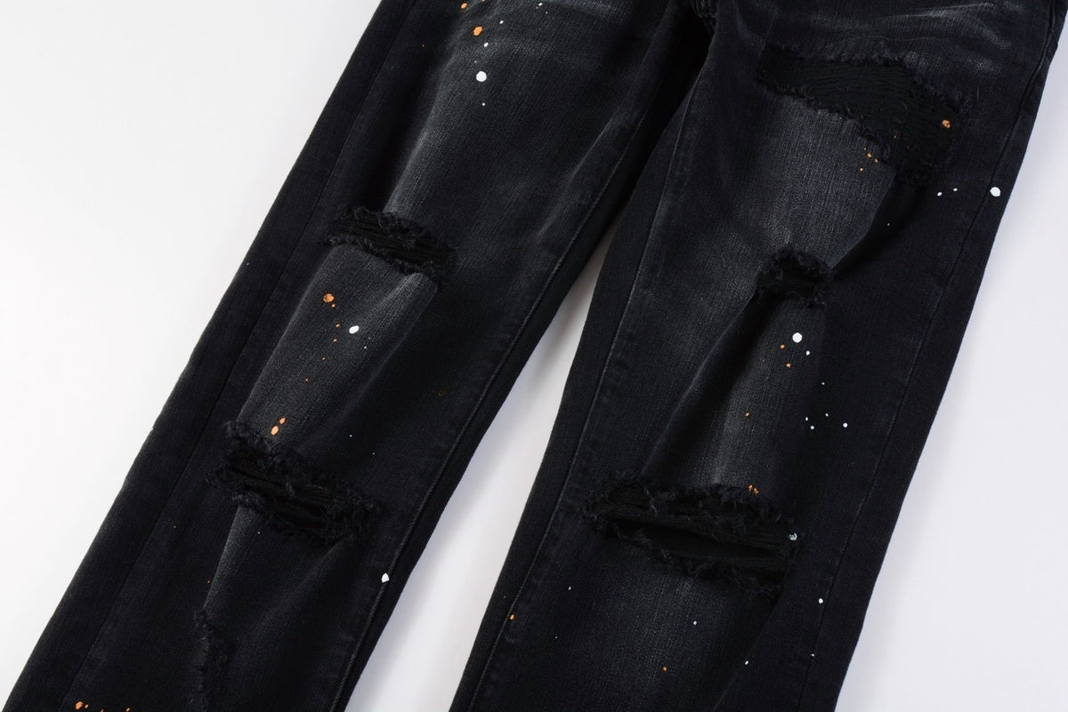 Men's Streetwear Slim Fit Distressed Black Damaged Holes Stretch Ripped Jeans