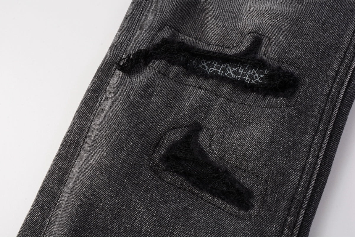 Men's Grey Wash Bandana Patch Distressed Skinny Jeans - Stretch Denim