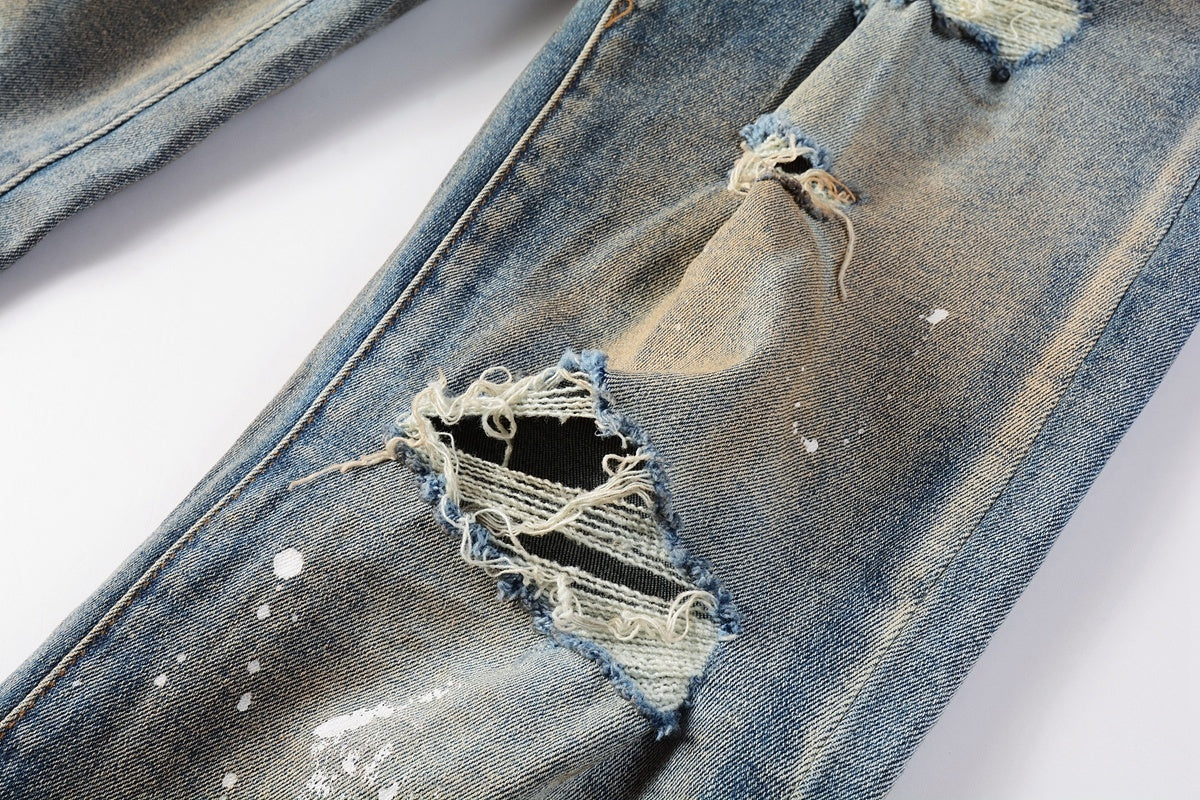 Men's Blue High Street Distressed Dirty Damaged Holes Stretch Slim Fit Ripped Jeans