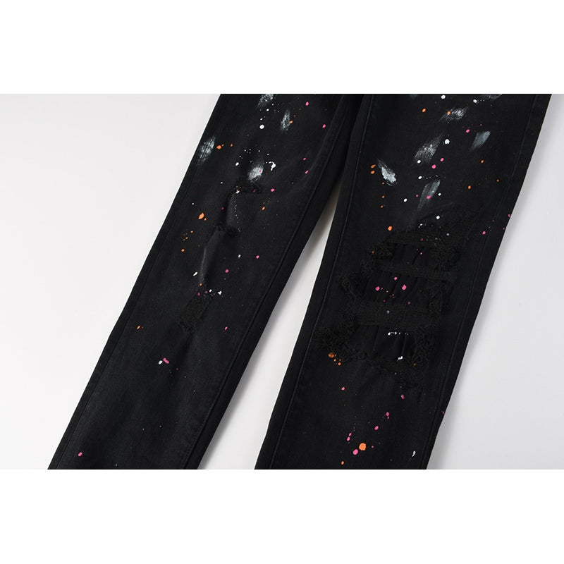 Men's Black Paint Splatter Distressed Skinny Jeans | Streetwear Ripped Slim Fit Denim Pants