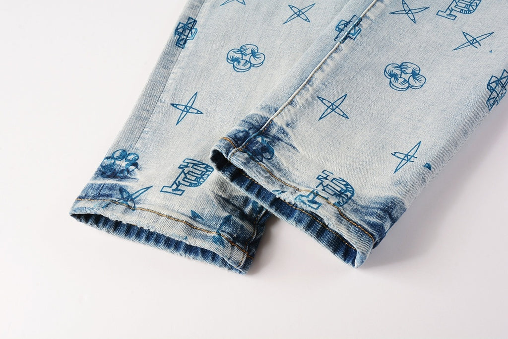 High Street Distressed Blue Laser Patterns Stretch Skinny Ripped Jeans