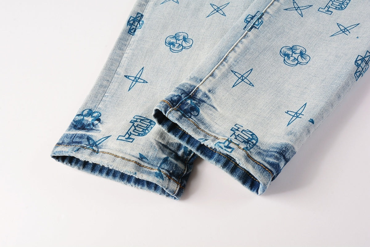 High Street Distressed Blue Laser Patterns Stretch Skinny Ripped Jeans