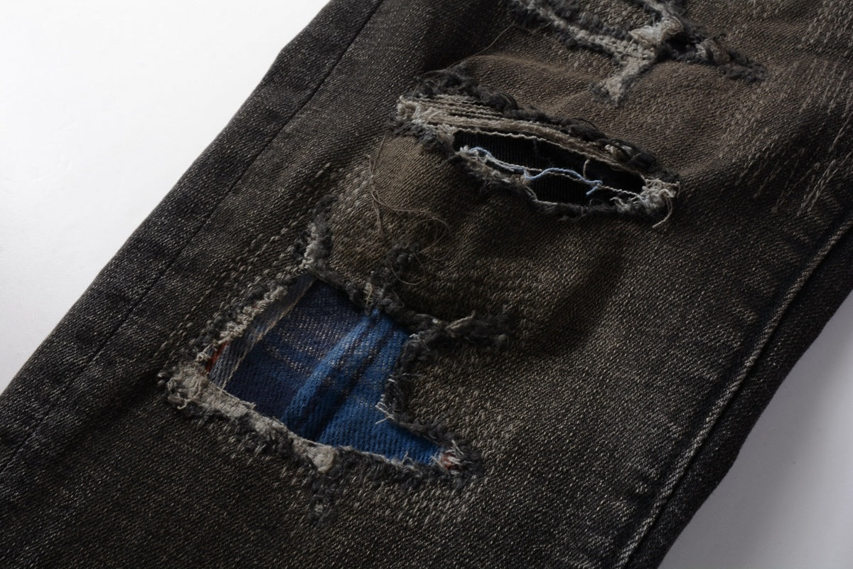 Men's Distressed Black Gray Patchwork Skinny Jeans with Ripped Holes & Button Fly