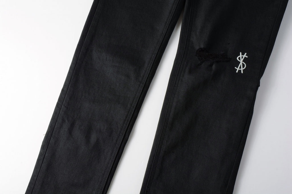Men's Black Coated Embroidered Distressed Skinny Jeans - Stretch Denim