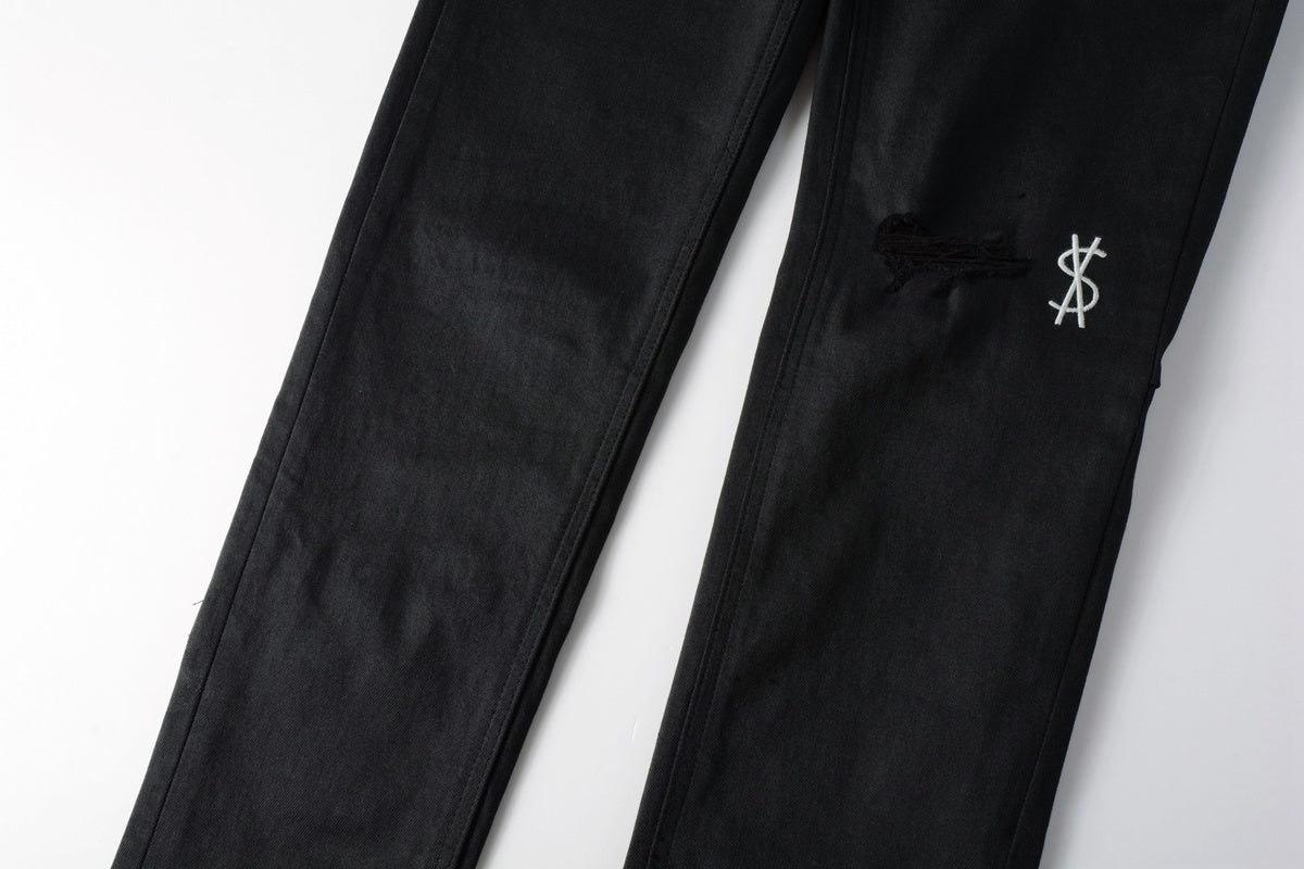 Men's Black Coated Embroidered Distressed Skinny Jeans - Stretch Denim