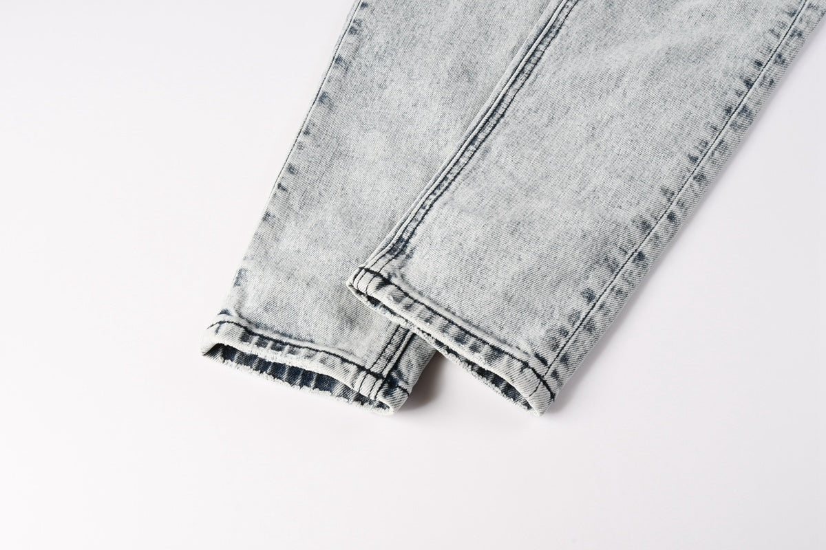 Men’s Acid Wash Skinny Jeans - Distressed Embroidered Street Denim