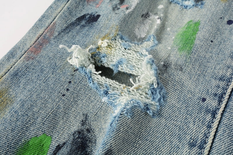 Men's Distressed Light Blue Graffiti Ripped Skinny Jeans with Button Fly & Damaged Holes