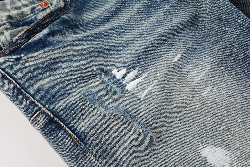 Men's Streetwear Slim Fit Distressed Blue Damaged Holes Graffiti Stretch Ripped Jeans