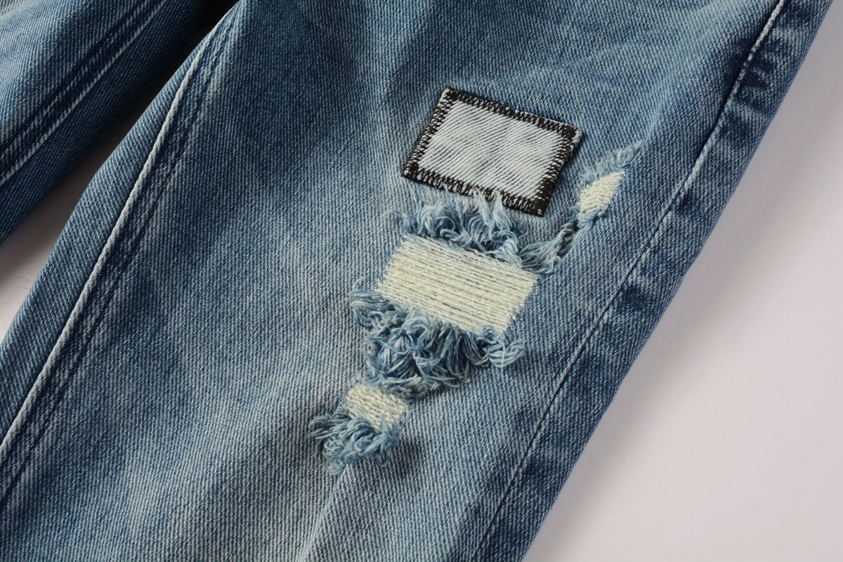 Men's Light Wash Multi-Patch Distressed Skinny Jeans - Stretch Denim
