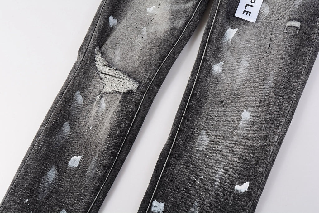 Men's High Street Distressed Gray Damaged Holes Spray Painted Stretch Slim Fit Ripped Jeans