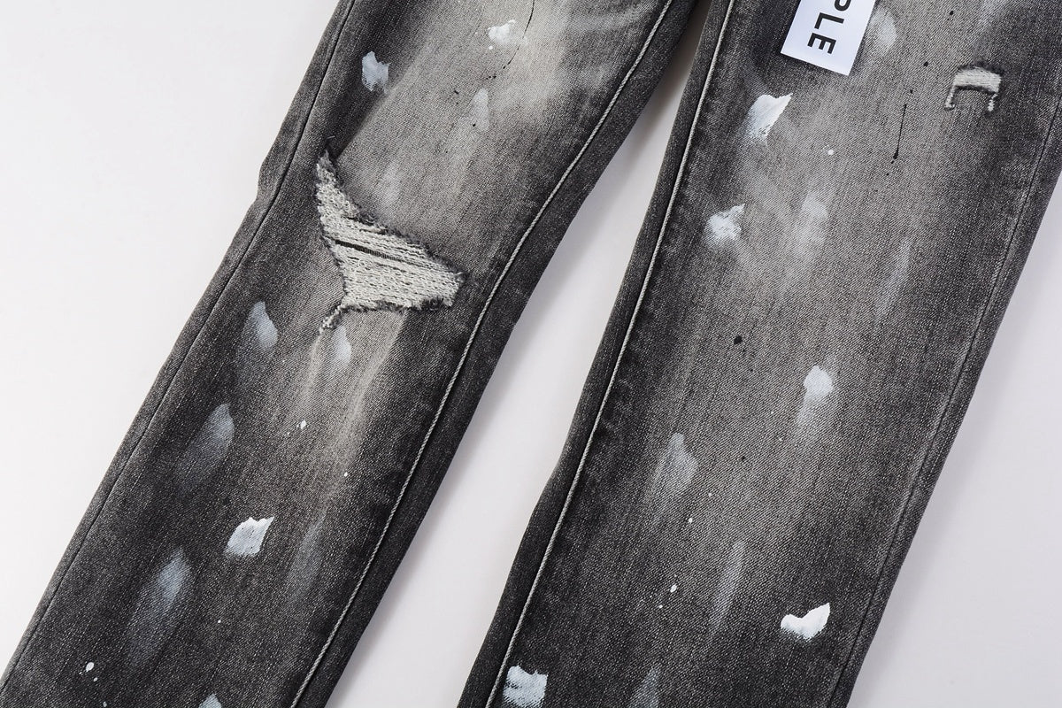 Men's High Street Distressed Gray Damaged Holes Spray Painted Stretch Slim Fit Ripped Jeans