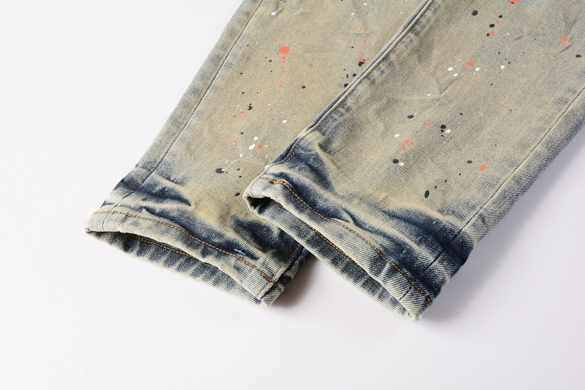 Men's Slim Fit Distressed Washed Light Blue Graffiti Jeans with Ripped Holes & Button Fly