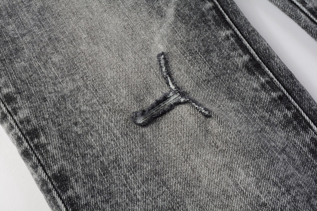 Men's Distressed Ash Gray Skinny Jeans with Ripped Holes & Button Fly