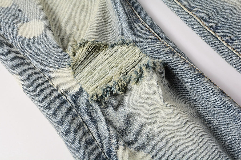 Men's Distressed Light Blue Graffiti Skinny Jeans with Ripped Holes & Button Fly