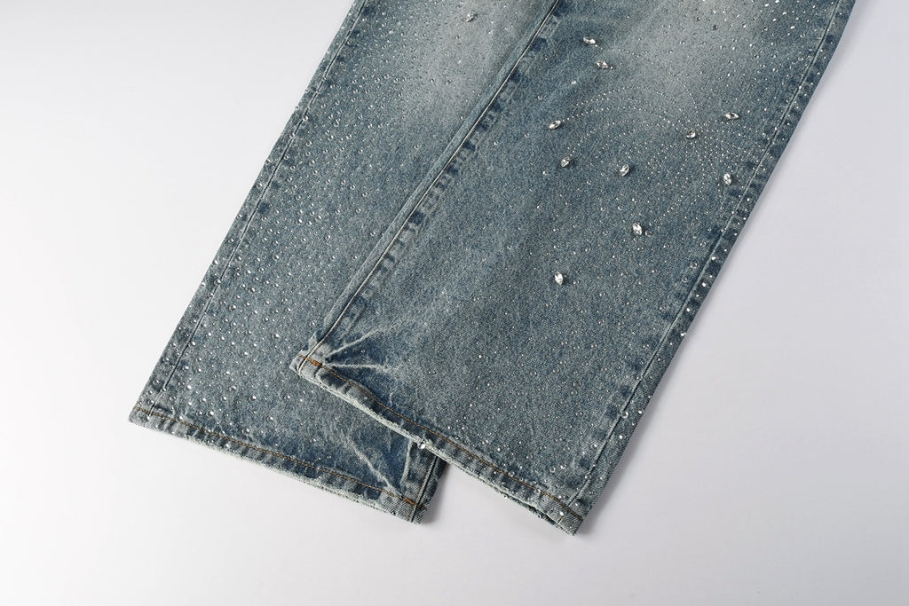High Street Baggy Jeans - Distressed Blue Rhinestones Pattern | Loose Ripped Jeans