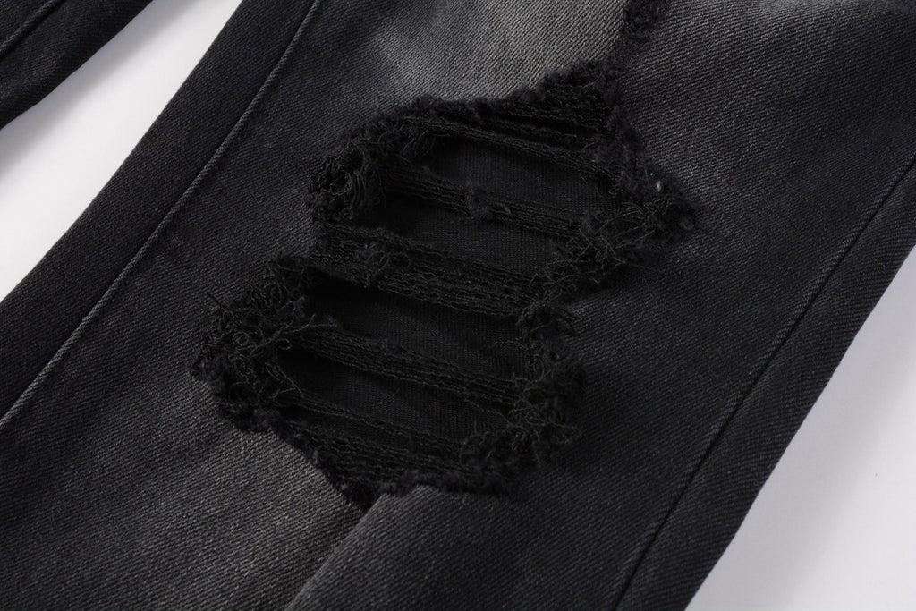 High Street Distressed Black Gray Destroyed Holes Stretch Slim Fit Ripped Jeans For Men
