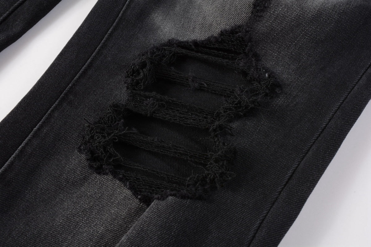 High Street Distressed Black Gray Destroyed Holes Stretch Slim Fit Ripped Jeans For Men