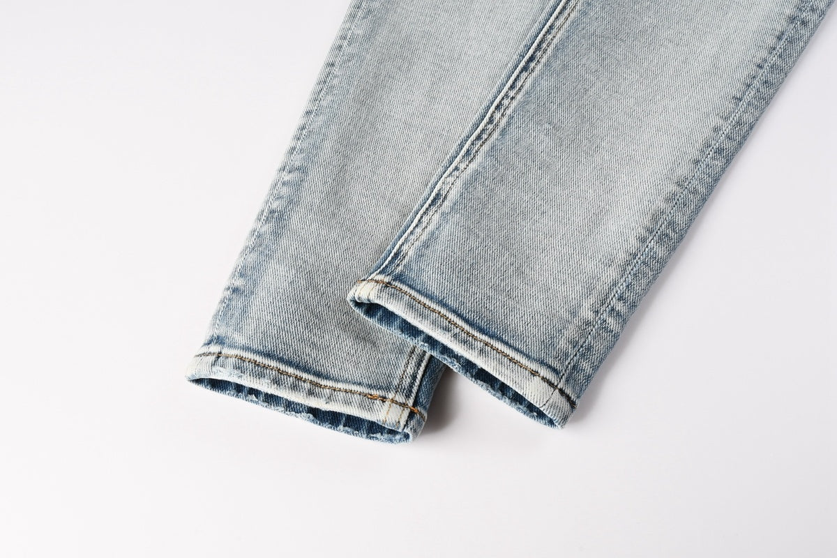 Men’s Light Wash Skinny Jeans - Cross Embroidered Distressed Denim