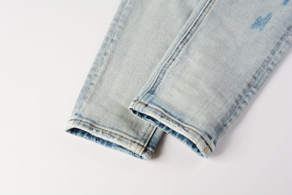 Men's Light Wash Artistic Patchwork Distressed Skinny Jeans - Stretch Denim