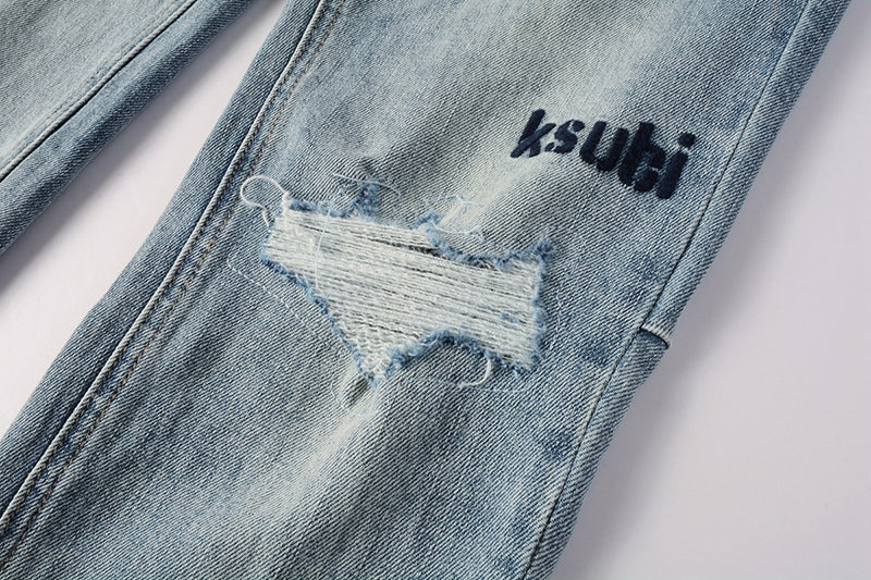 Men’s Light Blue Distressed Skinny Jeans - Ksubi Style Denim