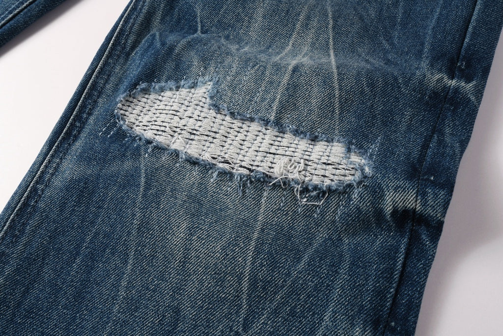 Men’s Vintage Blue Baggy Jeans - Distressed Knee Patch Denim