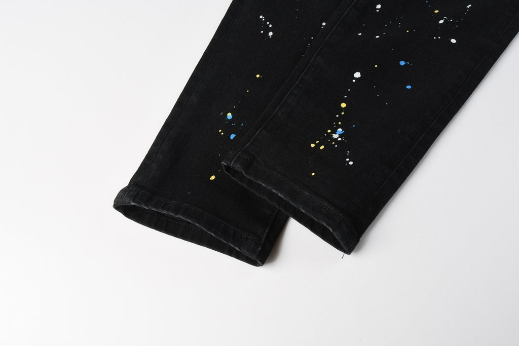Men's Distressed Dark Black Skinny Jeans with Graffiti & Spray Paint Design & Ripped Holes