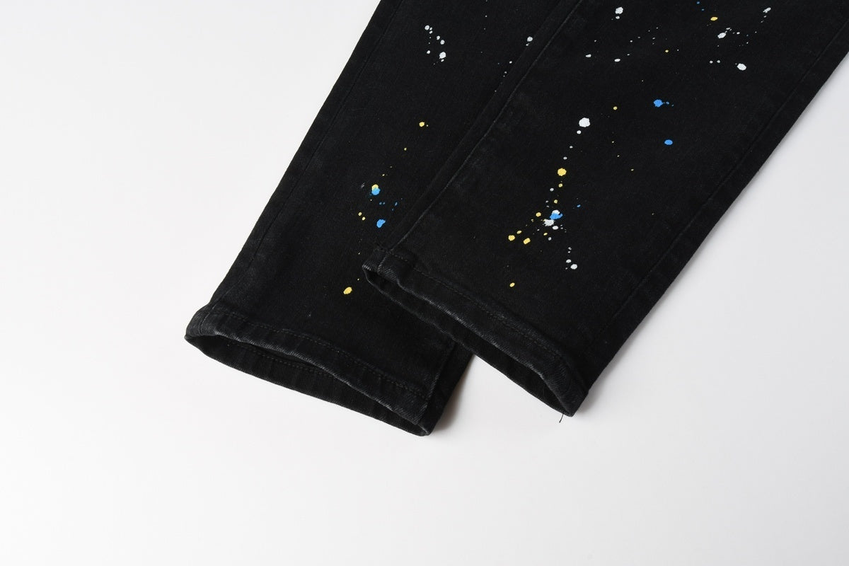 Men's Distressed Dark Black Skinny Jeans with Graffiti & Spray Paint Design & Ripped Holes