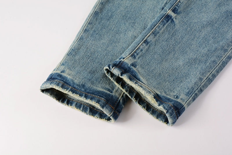 Slim Fit American Men's Distressed Blue Skinny Jeans with Ripped Holes & Button Fly