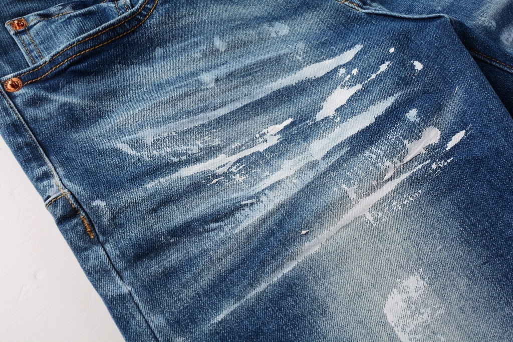 Men's High Street Distressed Classic Blue Graffiti Painted Stretch Skinny Ripped Jeans
