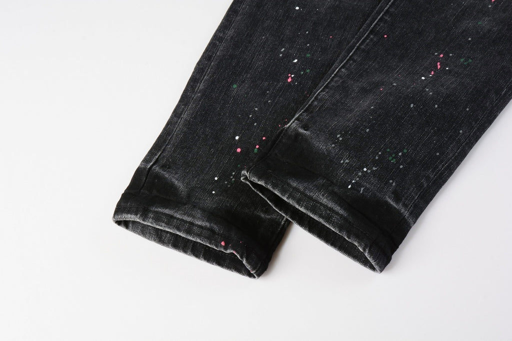 American Vintage Men's Distressed Dark Gray Skinny Jeans with Spray Paint & Ripped Holes