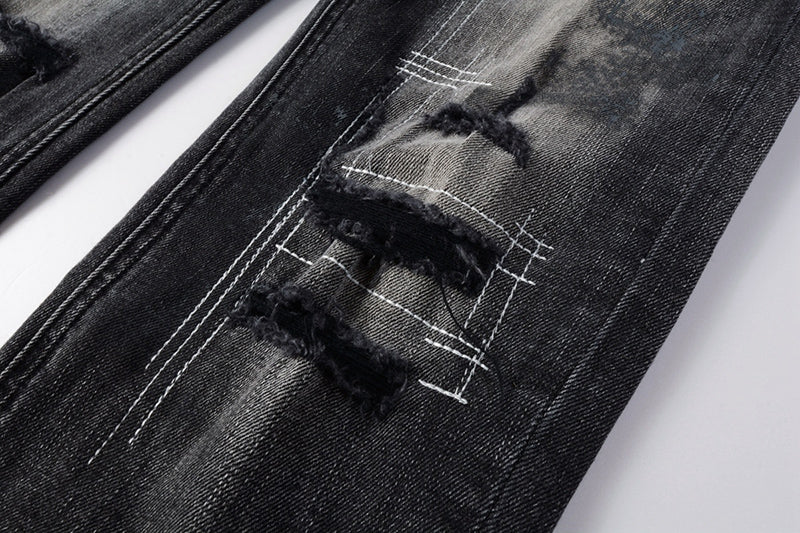 Men's Black Gray Washed Distressed Skinny Jeans - Streetwear Ripped Denim Pants