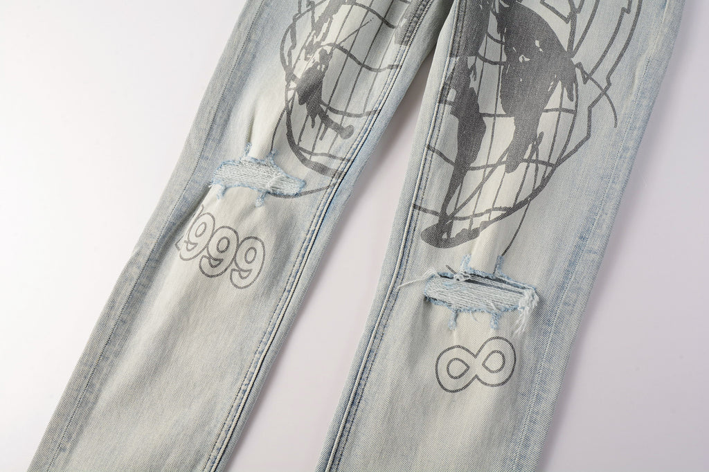 Men's Light Wash Graphic Print Distressed Skinny Jeans - Stretch Denim