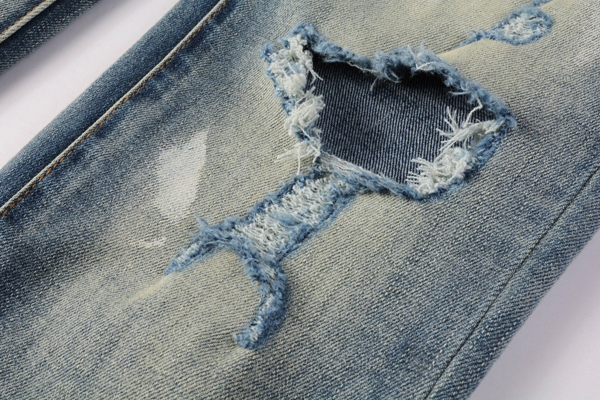 Men High Street Distressed Light Blue Destroyed Holes Graffiti Painted Stretch Slim Fit Ripped Jeans