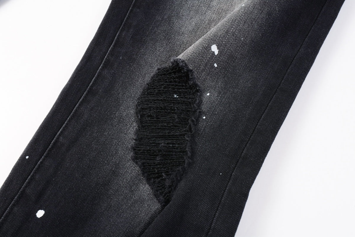Men's Distressed Black Skinny Jeans with Bandanna Patchwork, Ripped Holes & Button Fly