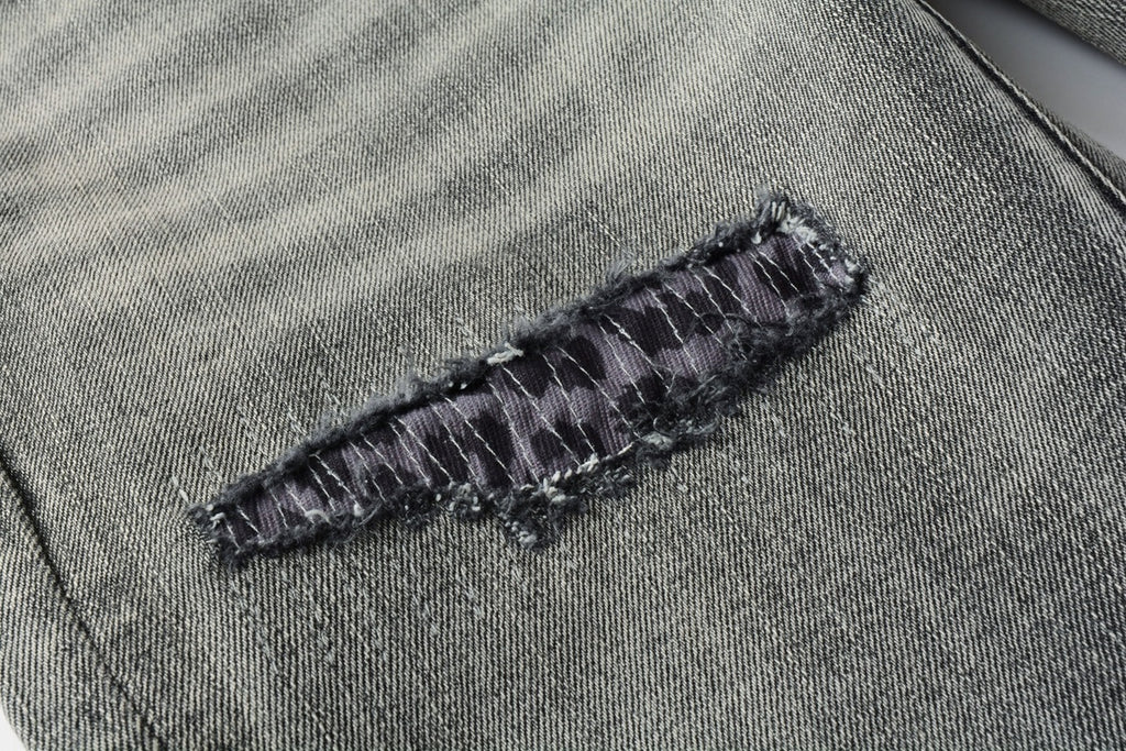 Men's High Street Distressed Ash Gray Skinny Jeans with Ripped Holes & Button Fly