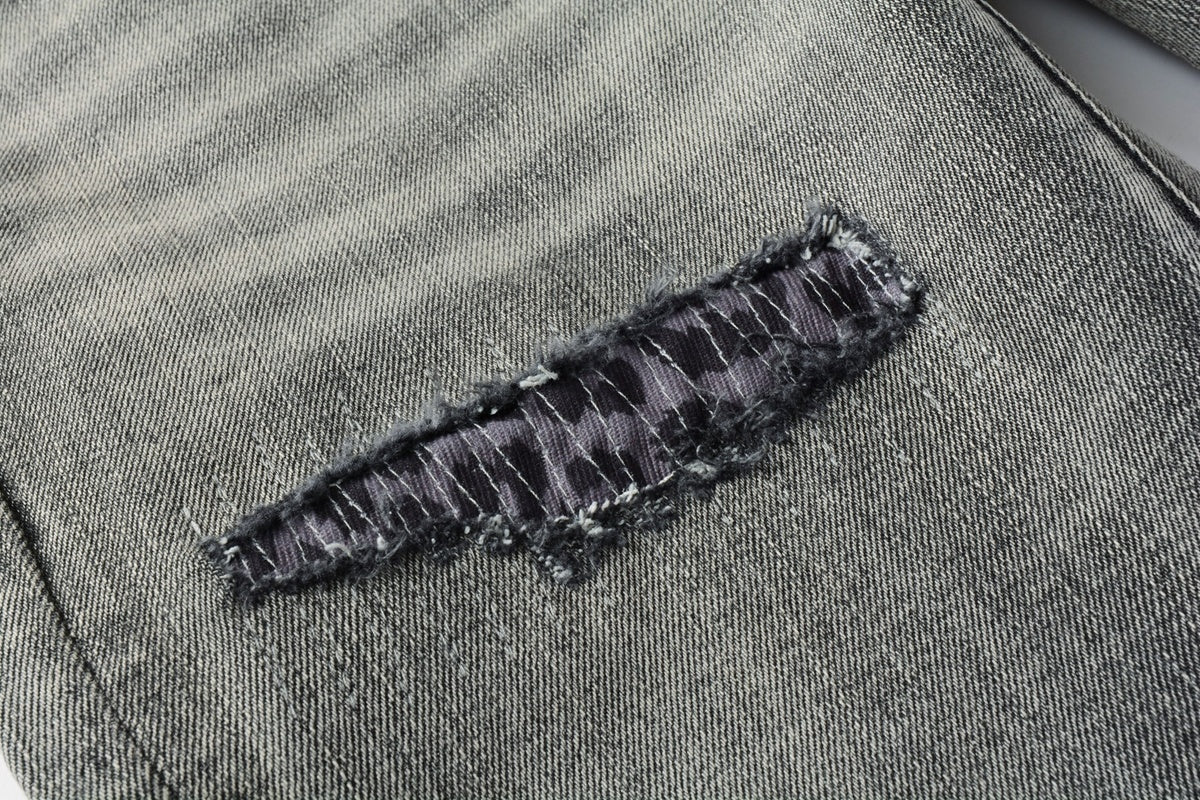 Men's High Street Distressed Ash Gray Skinny Jeans with Ripped Holes & Button Fly