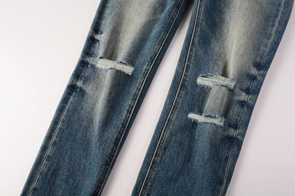 Men's Vintage Blue Multi-Rip Distressed Skinny Jeans - Stretch Denim