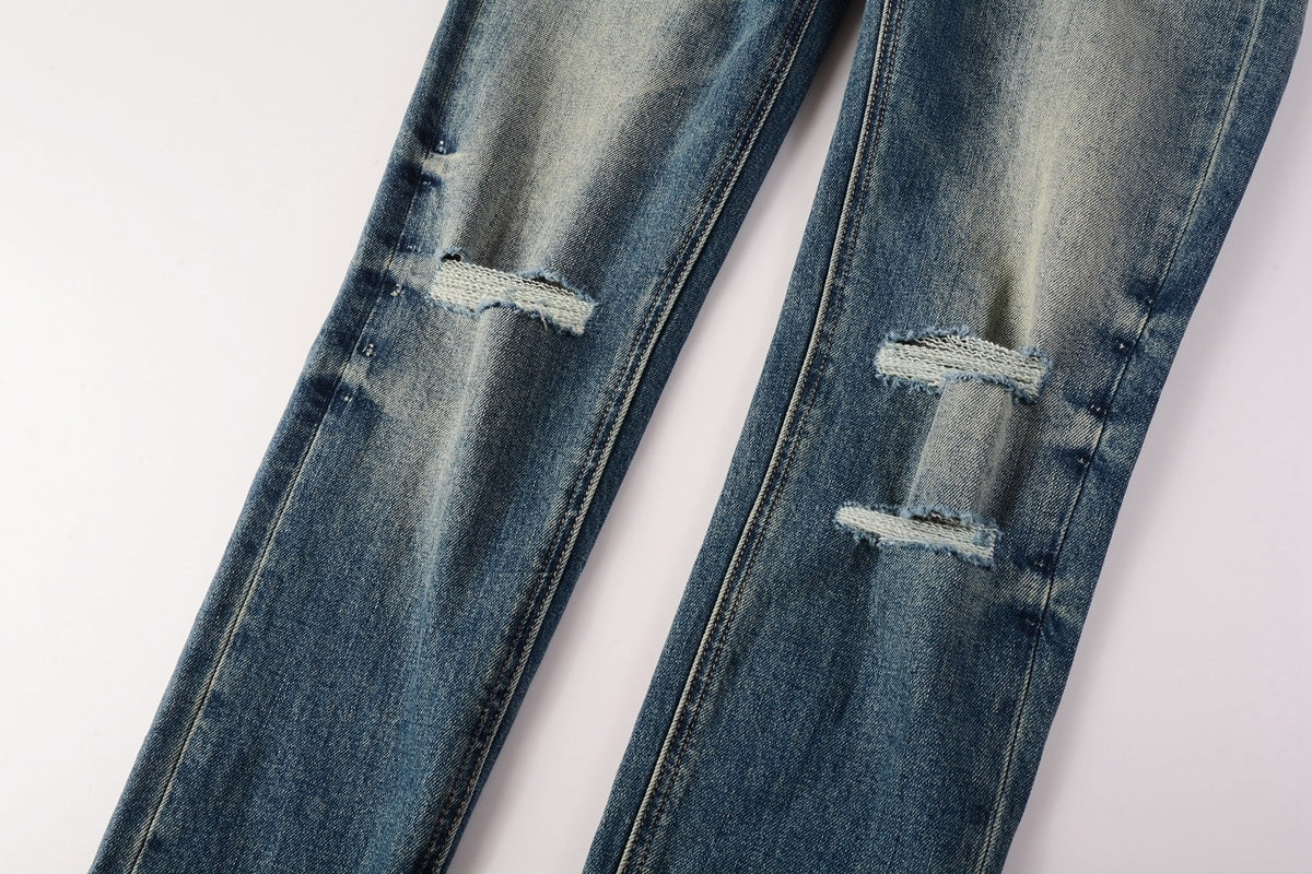 Men's Vintage Blue Multi-Rip Distressed Skinny Jeans - Stretch Denim