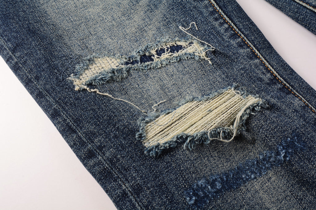 Men's Distressed Dark Blue Skinny Jeans with Ripped Holes & Button Fly