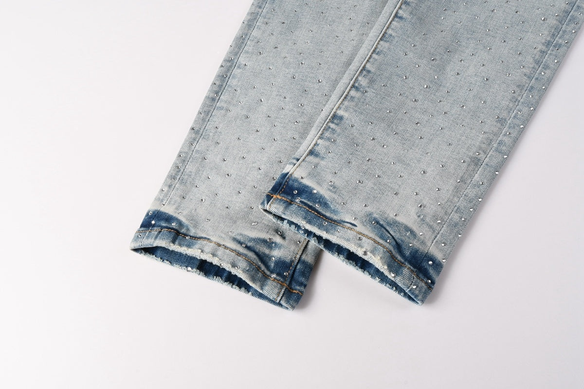 Men's Distressed Light Indigo Skinny Jeans with Transparent Rhinestones & Ripped Holes