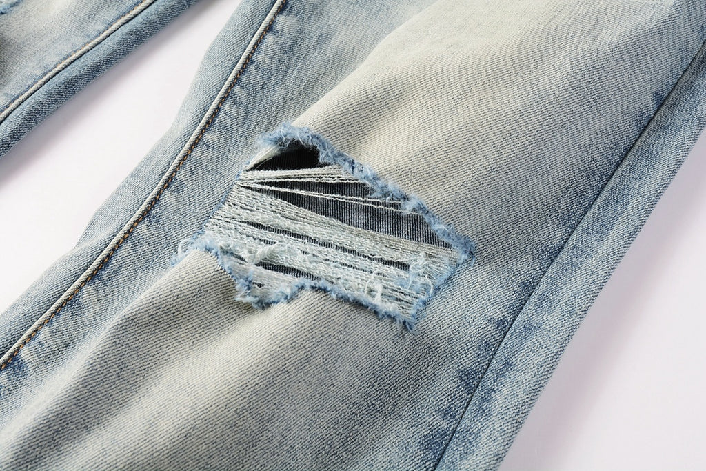Men's Streetwear Slim Fit Distressed Light Blue Stretch Skinny Damaged Holes Raw Hems Ripped Jeans