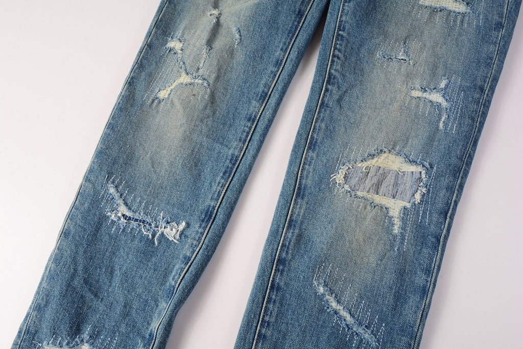 Men's Slim Fit Distressed Sea Blue Skinny Jeans with Button Fly & Ripped Detailing