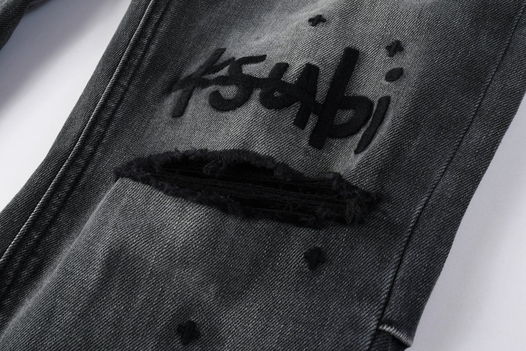 Men's Ksubi-Style Black Distressed Rhinestone Skinny Jeans