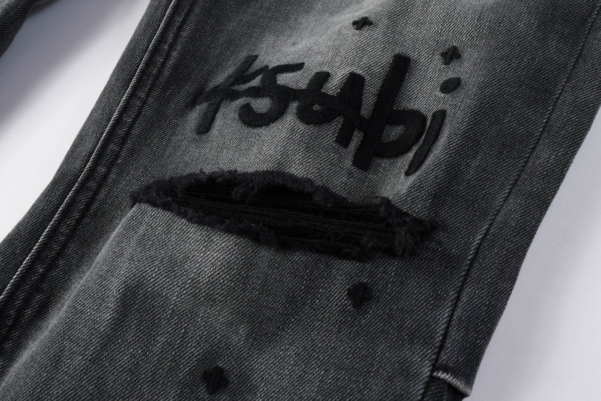 Men's Ksubi-Style Black Distressed Rhinestone Skinny Jeans