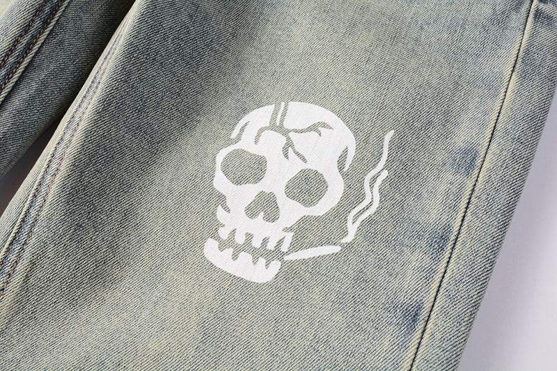 Men’s Vintage Light Wash Skull Print Skinny Jeans - Streetwear Denim Pants