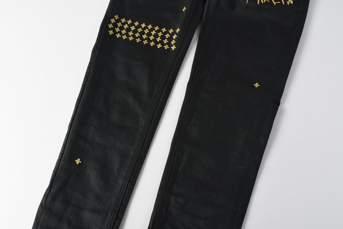 Men’s Black Waxed Skinny Jeans - Gold Studded Streetwear Denim
