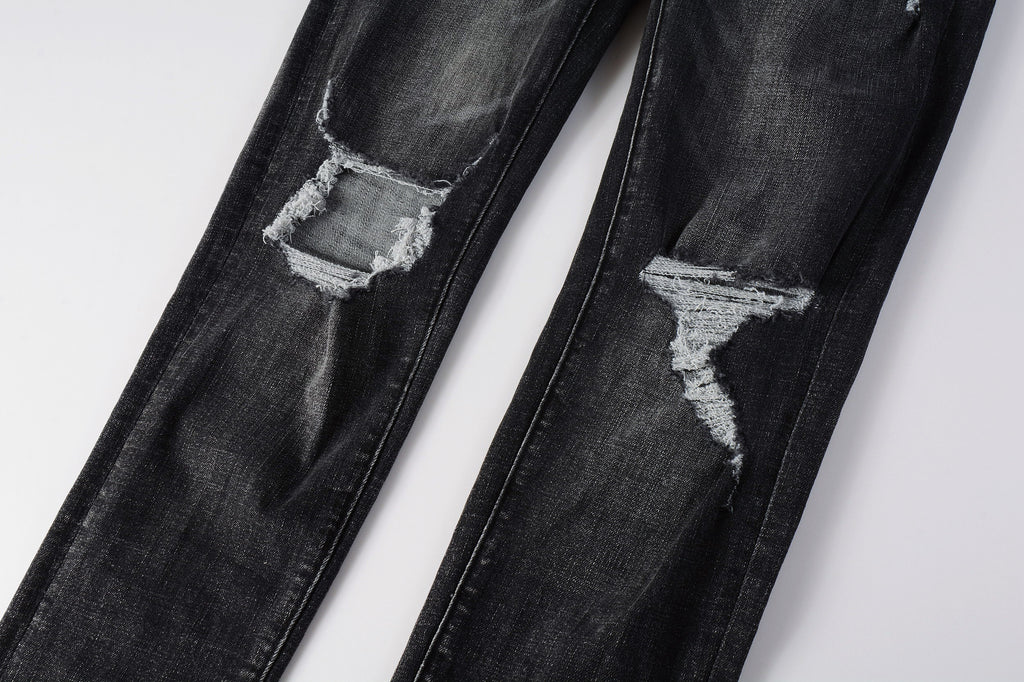 Men's Distressed Black Gray Skinny Jeans with Ripped Holes & Button Fly