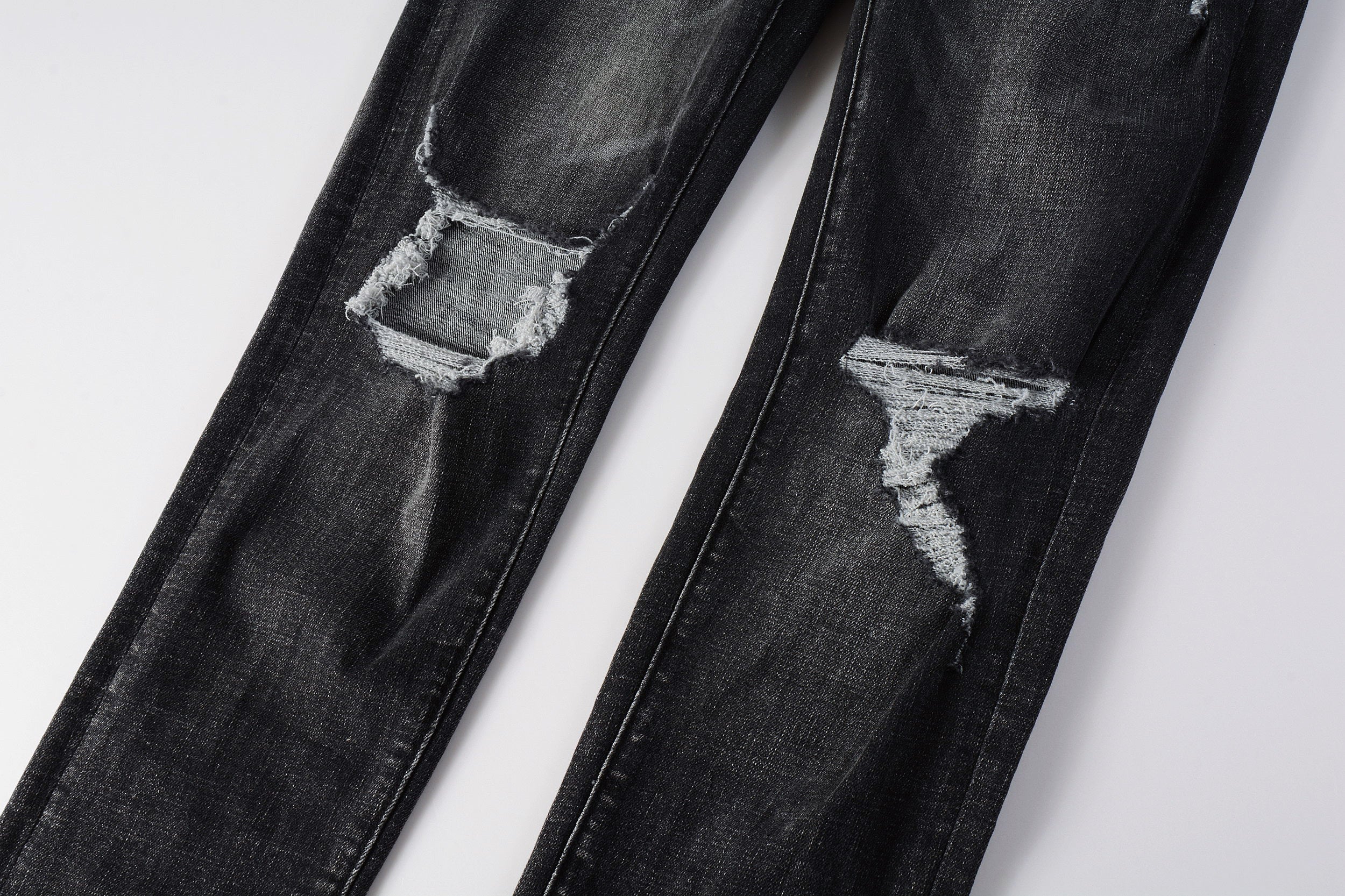 Men's Distressed Black Gray Skinny Jeans with Ripped Holes & Button Fly