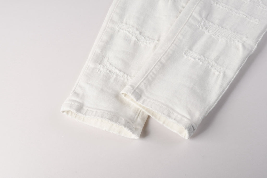 Men's Distressed White Beige Skinny Jeans with Ripped Holes & Button Fly